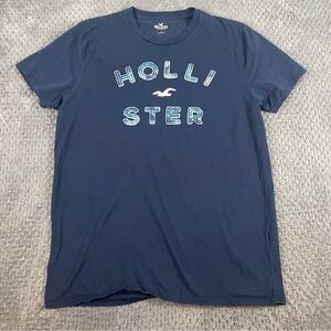 Hollister Men's Graphic T-Shirt Size Large Crew Neck Logo Embroidered Blue Y2K